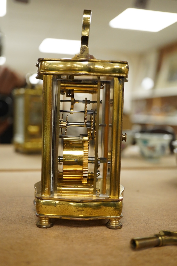 An early 20th century French gilt brass four glass carriage timepiece with key, 15cm high